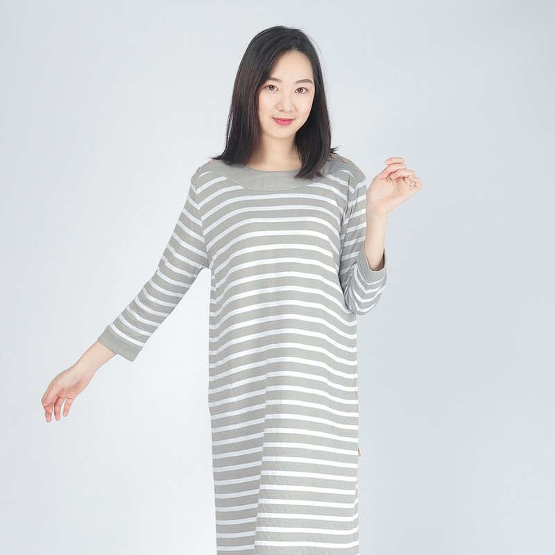 UMORFIL Collagen Stripe Eight-Sleeve One-piece Dress-Rock Grey - ชุดนอน/ชุดอยู่บ้าน - ผ้าฝ้าย/ผ้าลินิน สีเทา