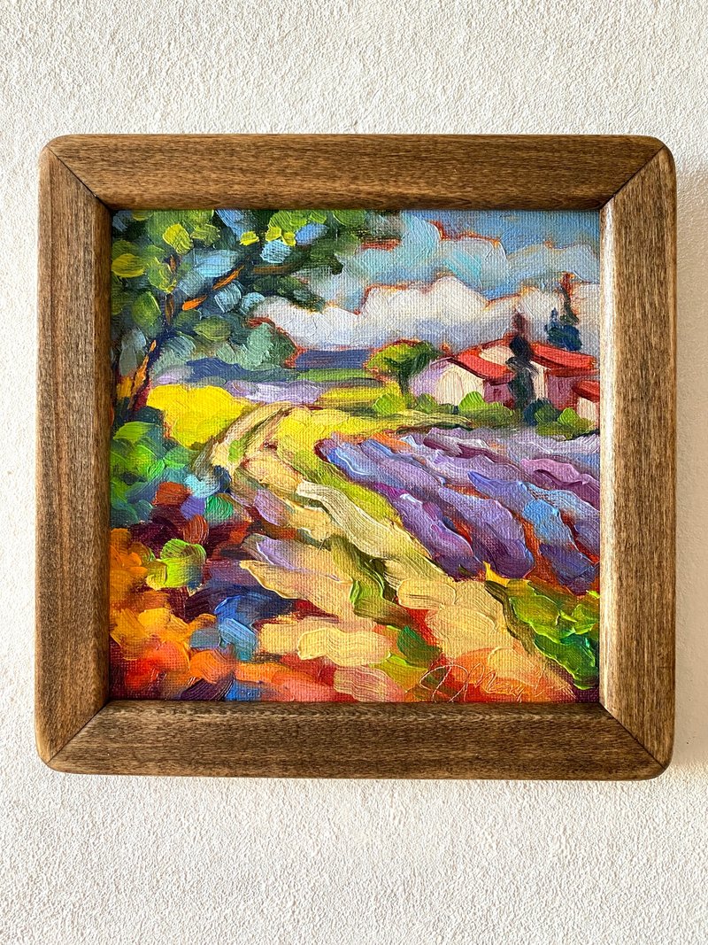薰衣草田繪畫托斯卡納原創藝術風景油畫厚塗小幅藝術品 8x8 托斯 - 壁貼/牆壁裝飾 - 木頭 