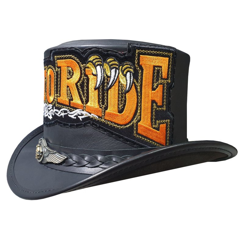 Live To Ride Biker Mens Black Leather Top Hat - Hats & Caps - Genuine Leather Black