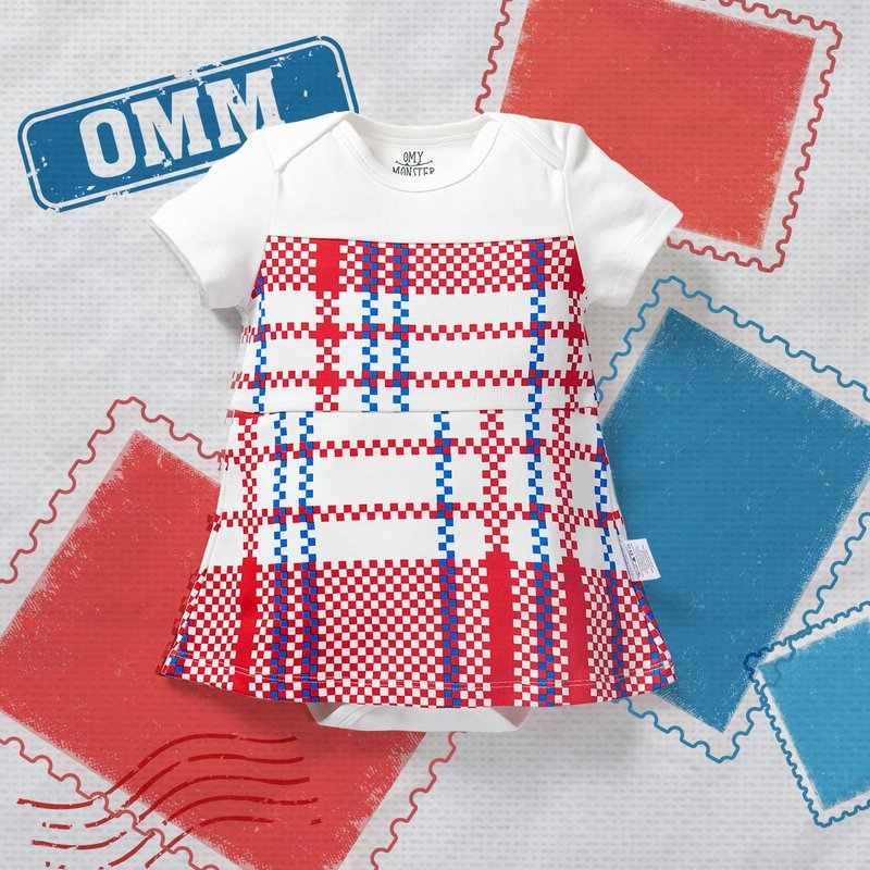 OMYMONSTER classic red, white and blue faux two piece short-sleeved onesies - ชุดทั้งตัว - ผ้าฝ้าย/ผ้าลินิน สีแดง