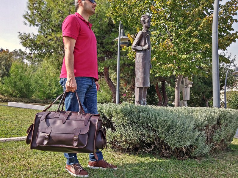 Handmade Genuine Leather Travel Bag, Leather Carryall Bag, Weekender Bag. - 行李箱/旅行袋 - 真皮 咖啡色