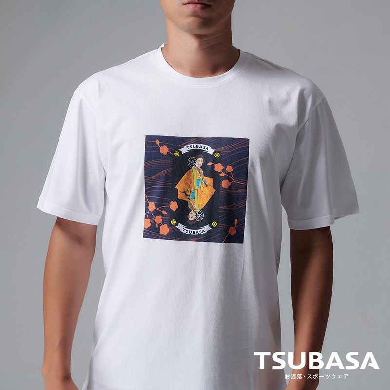 YAMATO聯名款 圓領白T-shirt  女武士與羽球拍圖案 情侶裝 短袖 - 男 T 恤 - 棉．麻 白色