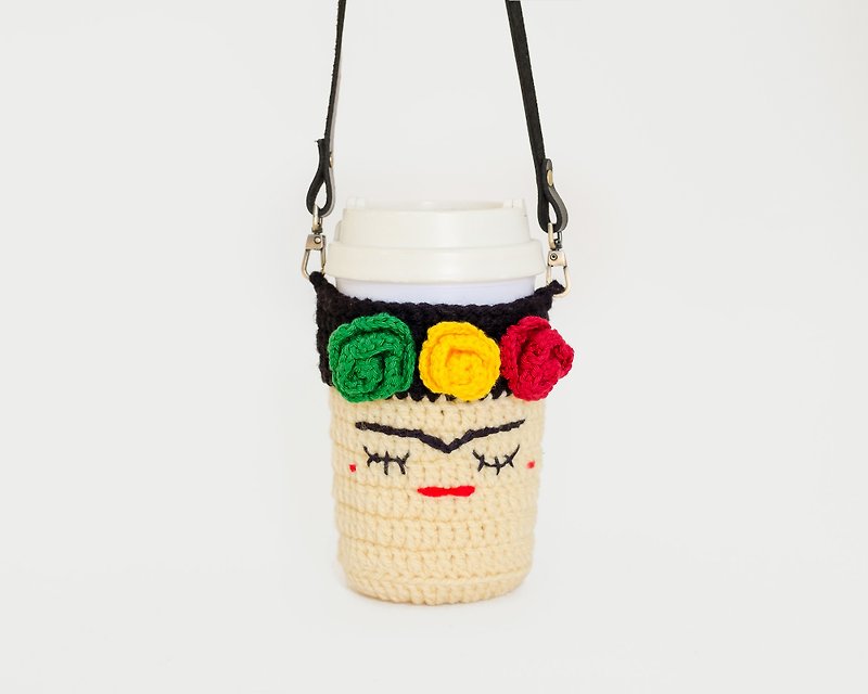 Crochet Cozy Cup - Frida Kahlo No.2 / Coffee Sleeve, Starbuck. - Beverage Holders & Bags - Cotton & Hemp Khaki