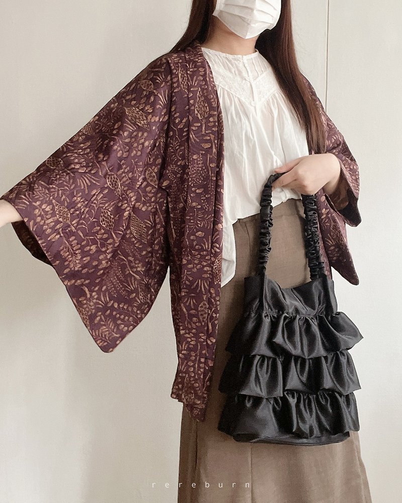 日本製和風印花圖騰紫色薄款古著羽織和服外套 - 外套/大衣 - 聚酯纖維 紫色