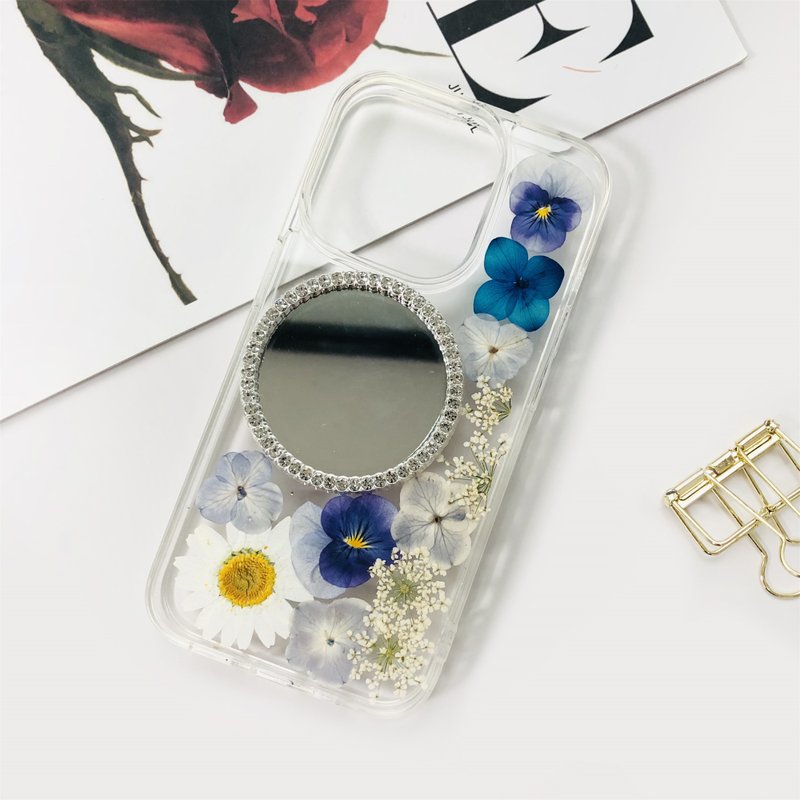 Natural Blue White Flower Pressed Mirror Phone Case for iPhone 16 Samsung S25 Go - เคส/ซองมือถือ - พืช/ดอกไม้ 