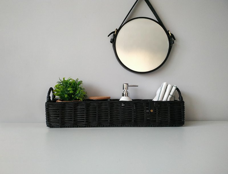 Black extra long shelf basket. Woven storage box for bathroom Long wicker holder - 收納箱/收納用品 - 防水材質 黑色