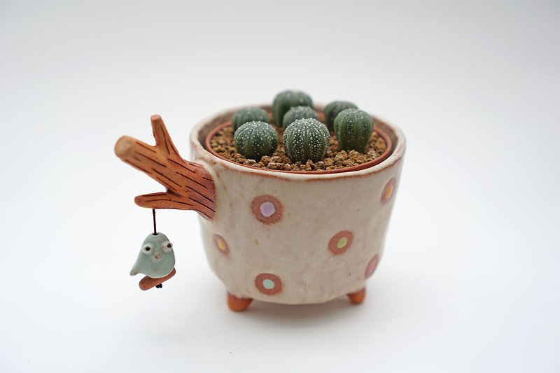 Branch plant pot for cactus ,little bird , handmade ceramic , pottery - Plants - Pottery Multicolor