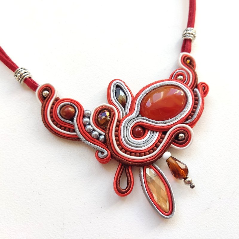 Red Necklace with Carnelian Stone, Beaded necklace, Soutache embroidery - Necklaces - Stone Red