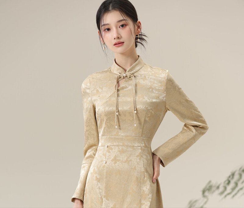 新中式 改良旗袍收腰中國風連衣裙洋裝 - 洋裝/連身裙 - 聚酯纖維 黃色