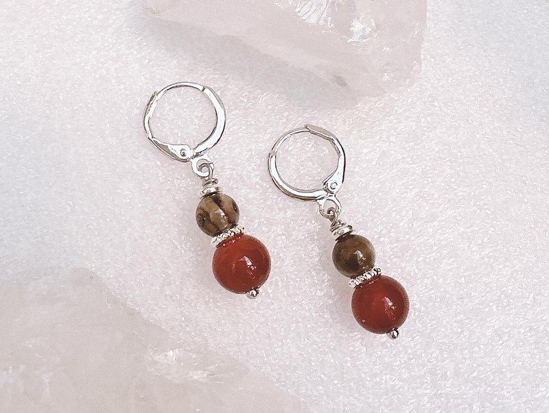 C&W natural burgundy agate amber jade s925 sterling silver temperament earrings and ear pins - ต่างหู - หยก สีเงิน