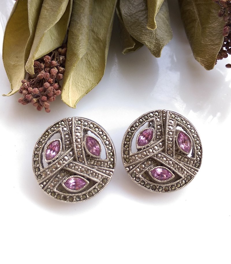 Western antique jewelry. 1928 pink horse eye ART DECO Edwardian style clip earrings - Earrings & Clip-ons - Other Metals Pink