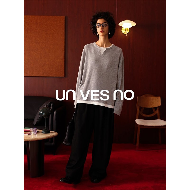 [Faux two piece design] Unvesno (UN) Intellectual waffle layered contrasting color pullover long-sleeved T-shirt - Men's T-Shirts & Tops - Other Materials 