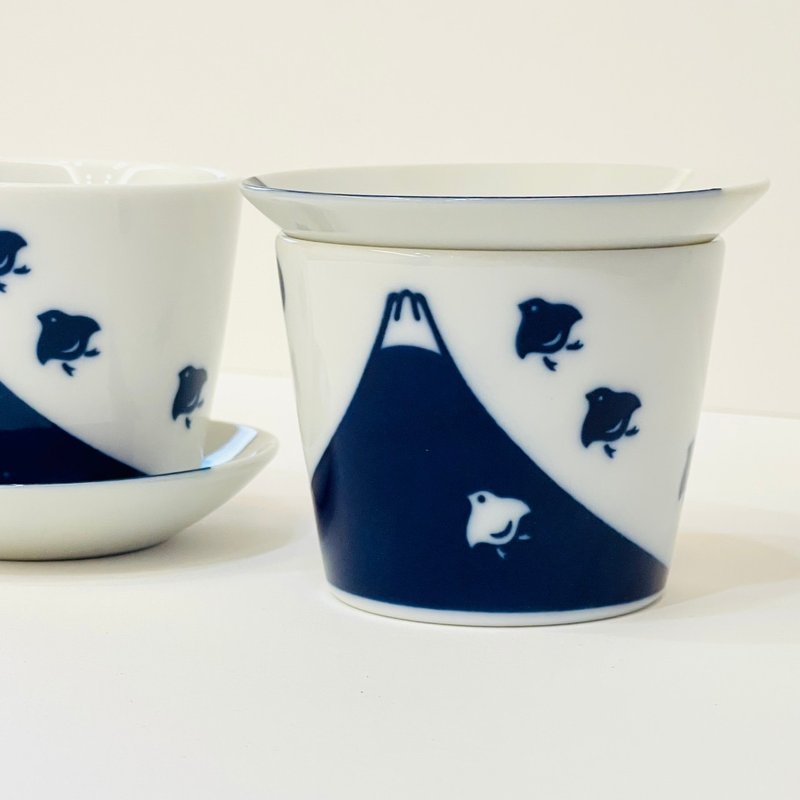美濃燒-千鳥富士山染付猪口杯+小皿 - 其他杯子 - 瓷 藍色