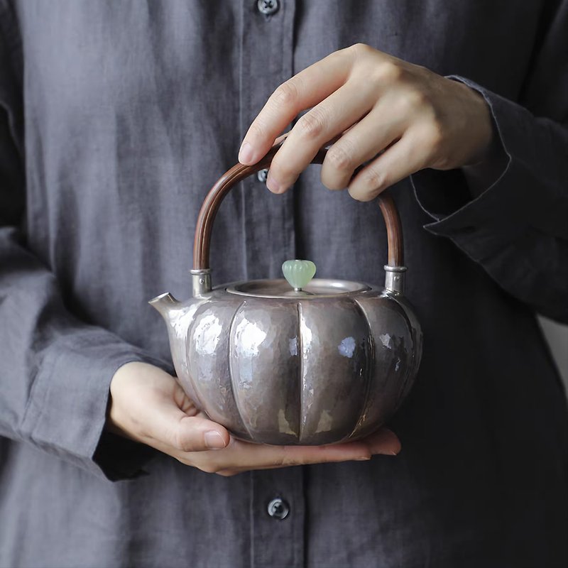 Handmade Silver Pumpkin Shape Tea Pot With Rattan Handle. - Teapots & Teacups - Sterling Silver Silver