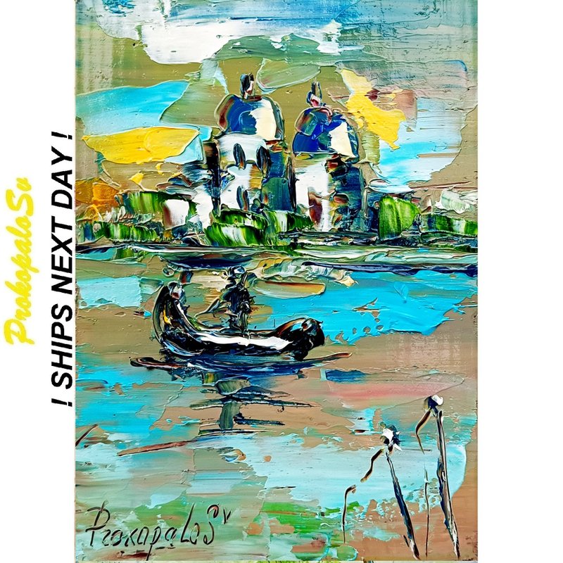 Venice Painting Italy  Oil Flowers Venice Original Art (13 cm * 18 cm) - ตกแต่งผนัง - วัสดุอื่นๆ สีน้ำเงิน