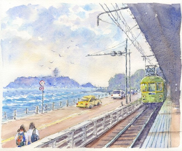 水彩画 江ノ電・鎌倉高校前駅ホームからの眺め - ショップ 松下