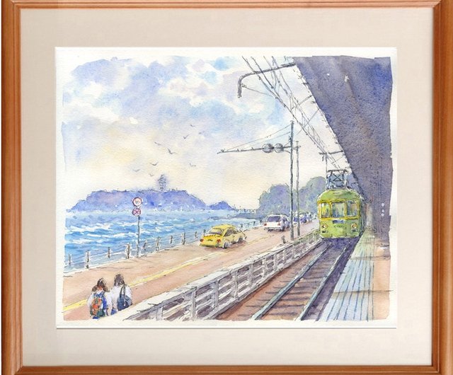 水彩画 江ノ電・鎌倉高校前駅ホームからの眺め - ショップ 松下