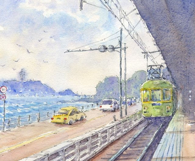 水彩画原画　江ノ電・鎌倉高校前駅改札口前　＃674 水彩画原画 江ノ電・鎌倉高校前駅改札口 ＃674 | iichi 日々の