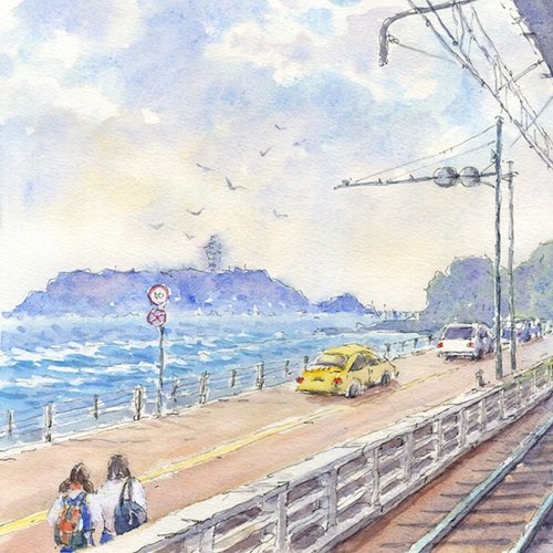 水彩画原画　江ノ電・鎌倉高校前駅改札口前　＃674 江ノ電水彩画「鎌倉高校前駅改札口」スケッチ ＃湘南 ＃江ノ電
