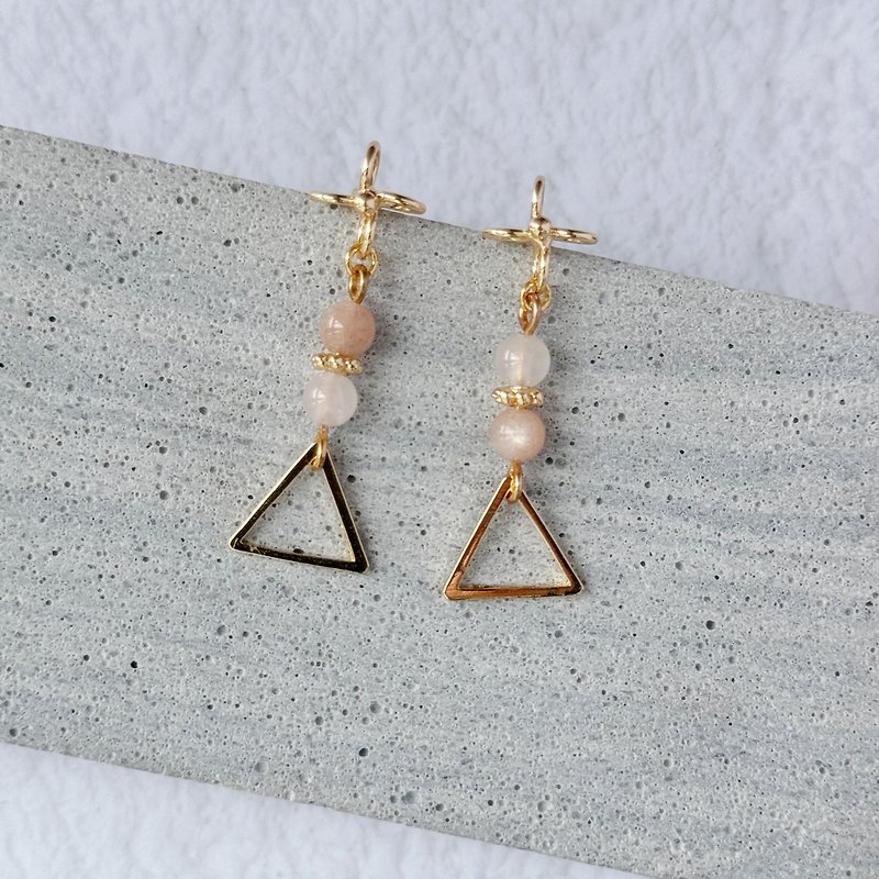 Orange Moonstone Pink Quartz Natural Stone Triangular Stud Earrings Sister Birthday Gift - Earrings & Clip-ons - Copper & Brass Orange