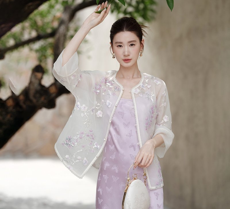 【花卉刺繡】新中式復古中國風 朦朧感高雅上衣/吊帶裙 - 洋裝/連身裙 - 聚酯纖維 紫色