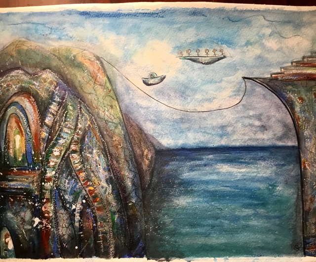オリジナルの水彩ミクストメディア現代ファンタジー風景画