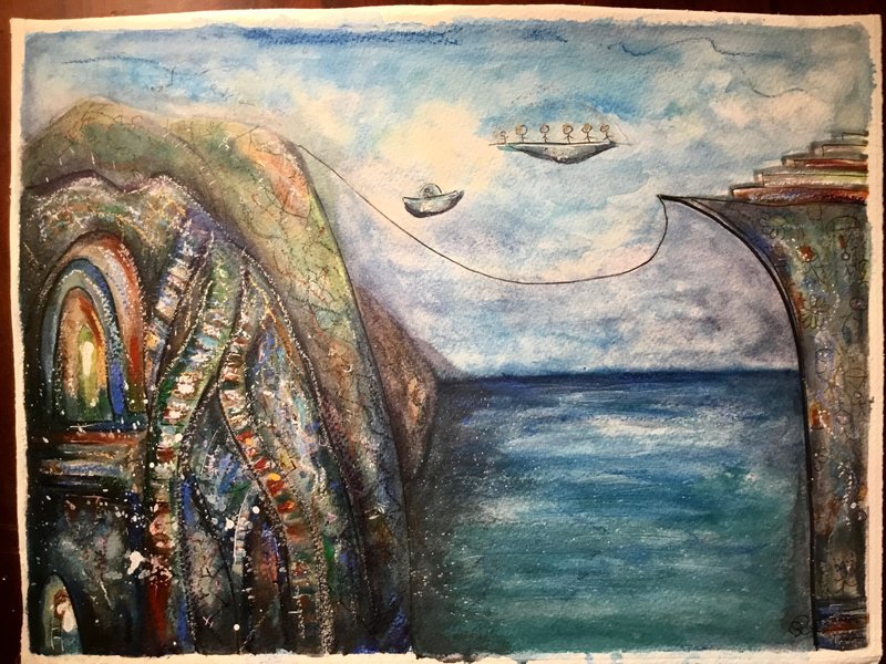 Original watercolour mix media modern fantasy landscape painting - 壁貼/牆壁裝飾 - 紙 藍色