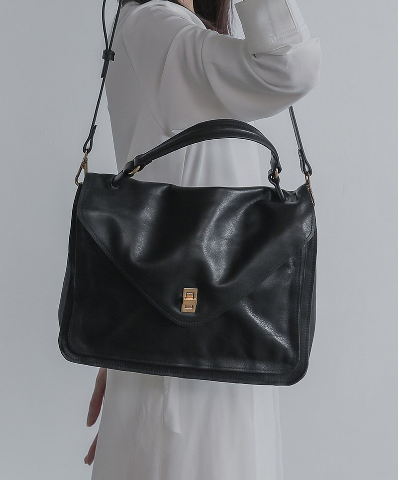 supportingrole simple design leather portable shoulder 2 with envelope bag side backpack black - กระเป๋าแมสเซนเจอร์ - หนังแท้ สีดำ