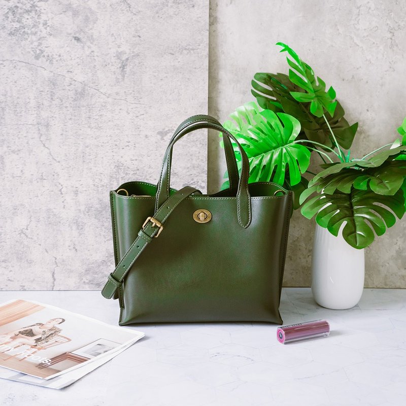 Chic Genuine Leather Handbag/Crossbody Bag 22284 Green - กระเป๋าแมสเซนเจอร์ - หนังแท้ สีเขียว