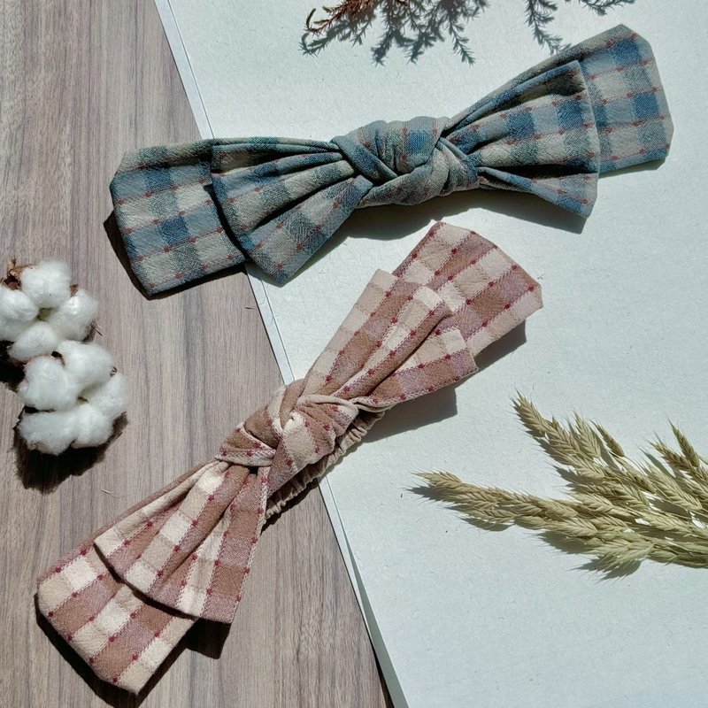 【巧妙藝手】 刺繡感格紋點點 先染布手作蝴蝶結髮帶 - 髮箍/髮帶 - 棉．麻 多色