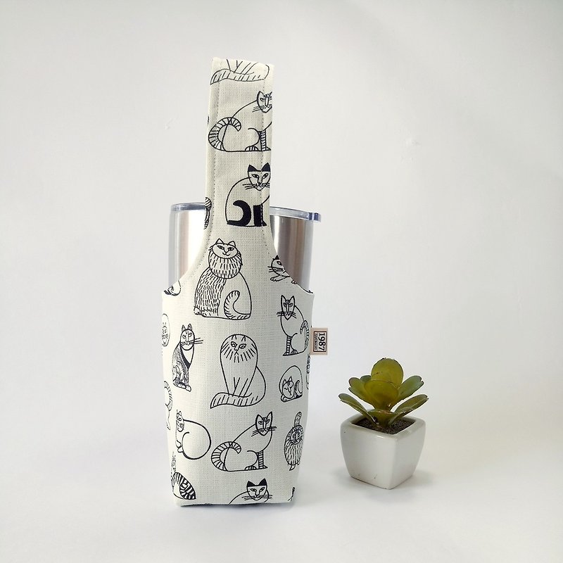 【藝術貓咪-白】雙面飲料杯套 冰霸杯套 環保杯套 水壺袋 禮物 - 飲料提袋/杯袋/杯套 - 棉．麻 白色