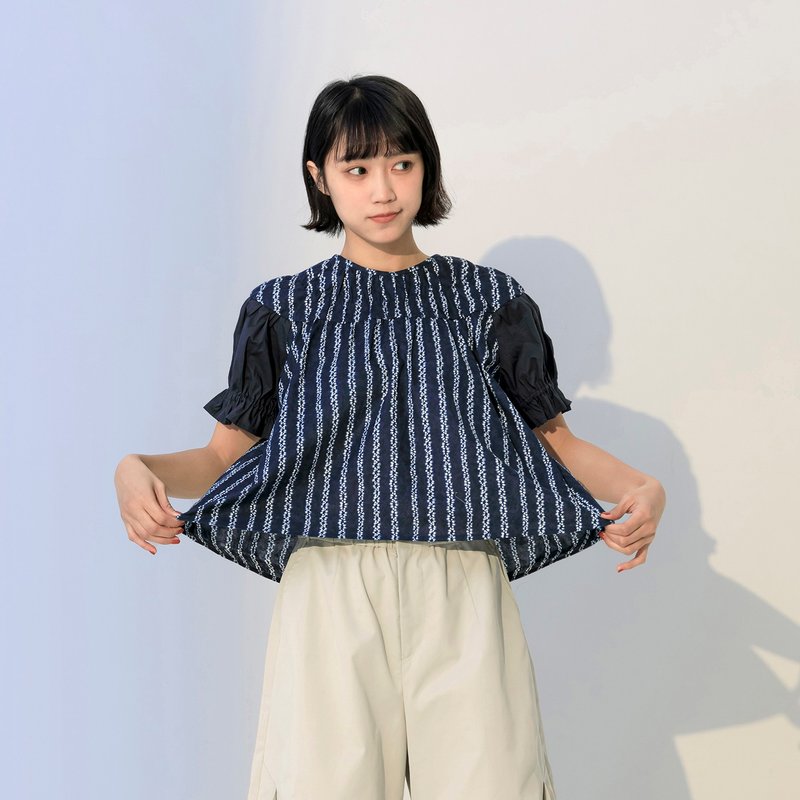 拼接泡泡袖印花上衣 - 女上衣/長袖上衣 - 棉．麻 藍色
