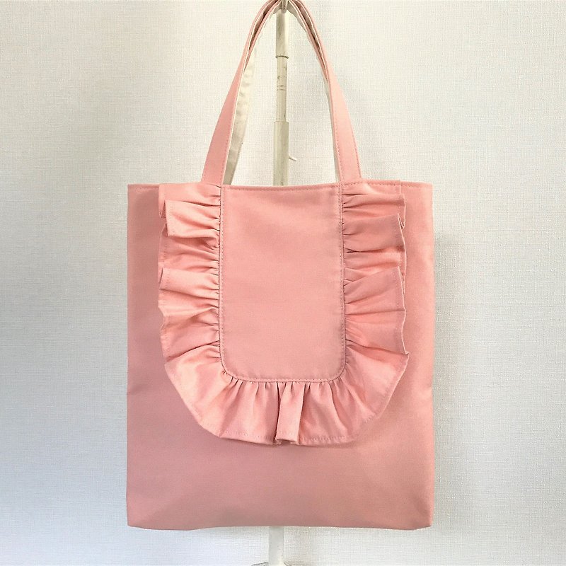 ラウンドフリル 縦型トートバッグ ピンク - 手袋/手提袋 - 棉．麻 粉紅色