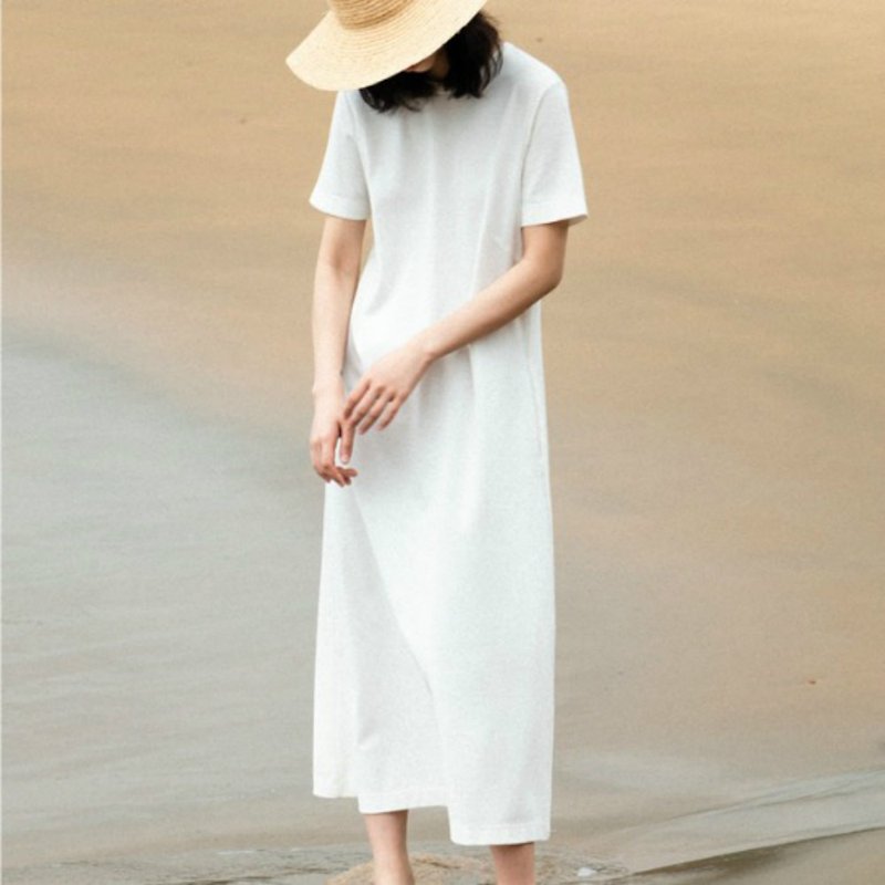 静かな白、シンプル、気質、半袖、スリム、ゆったりしたドレス、ミニマリスト、ドレープ、半袖ドレス - ワンピース - ポリエステル ホワイト