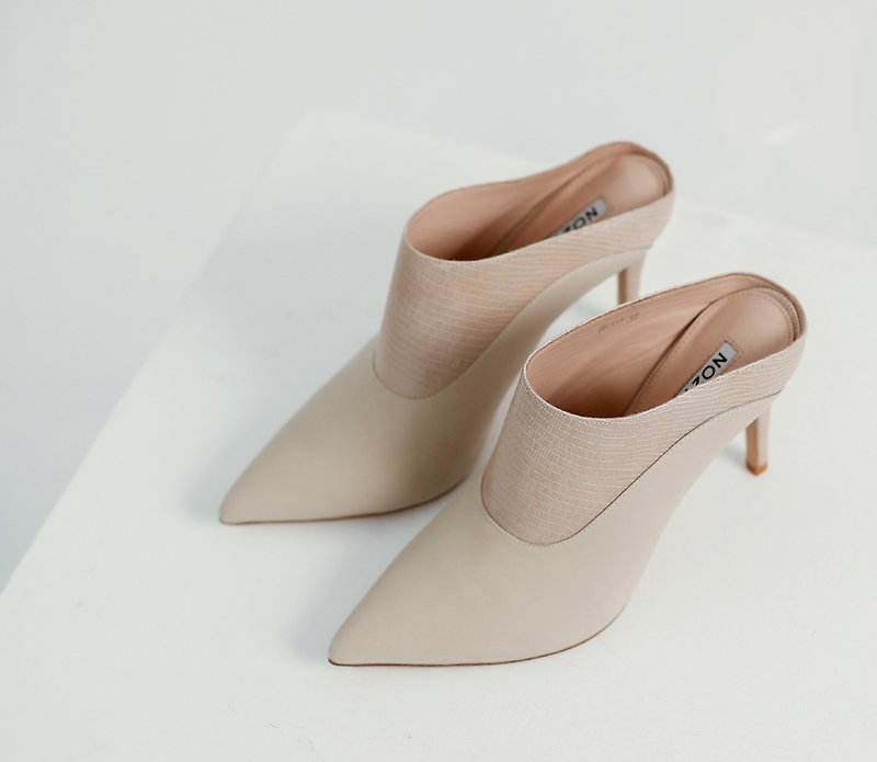 Right angle coated leather tip high heels naked - รองเท้าส้นสูง - หนังแท้ สีกากี