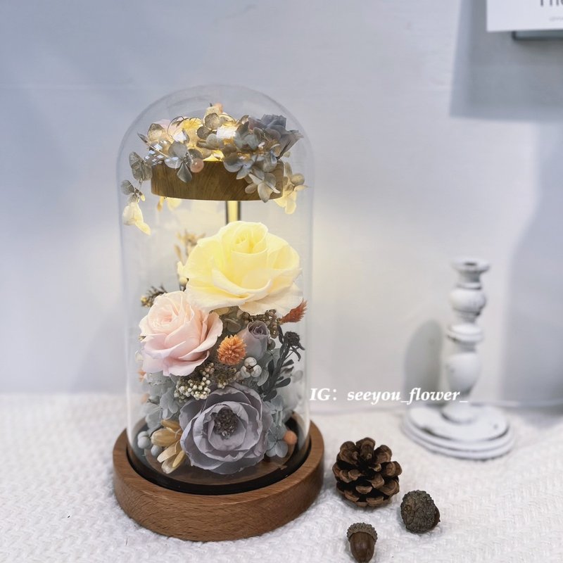 Yueren Floral Art・Light Up Series Rose Everlasting Flower Night Light Decorative Lamps - ช่อดอกไม้แห้ง - พืช/ดอกไม้ สีส้ม