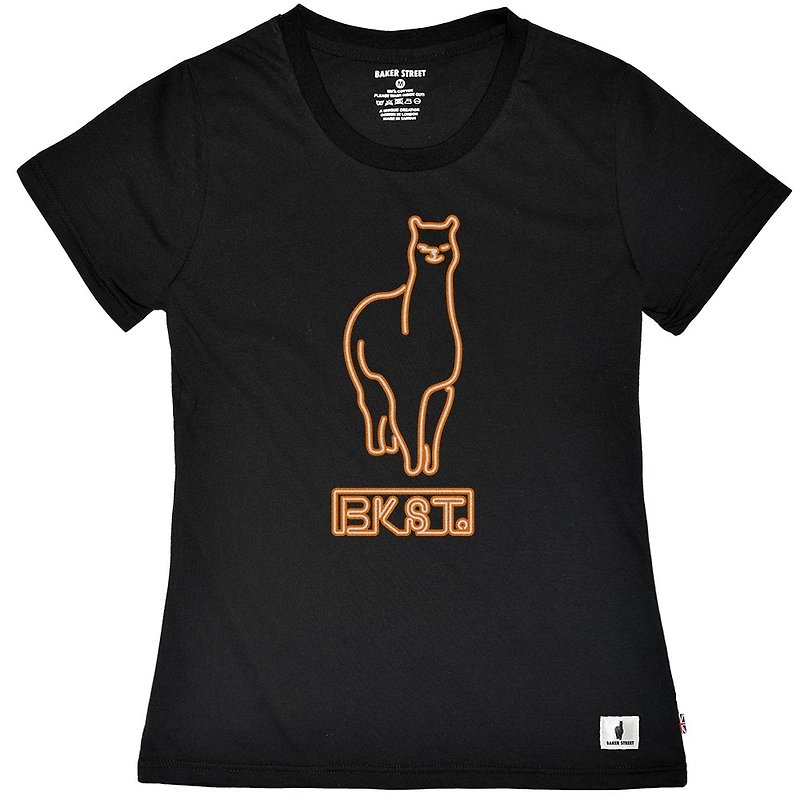 British Fashion Brand -Baker Street- Neon Alpaca Printed T-shirt - เสื้อยืดผู้หญิง - ผ้าฝ้าย/ผ้าลินิน สีดำ