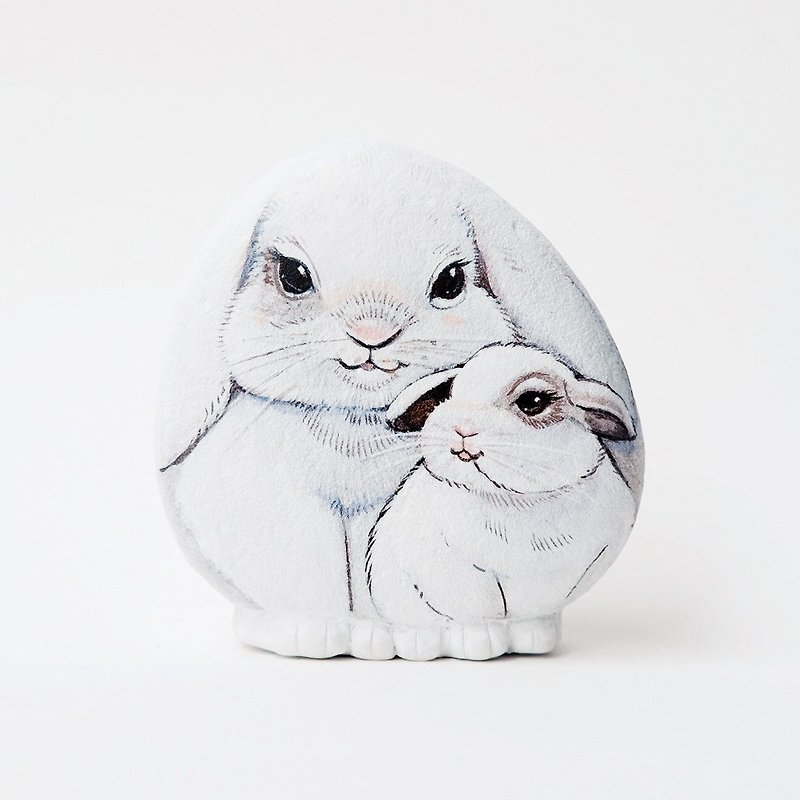 White rabbit mom and baby with love stone painting.acrylic colour on stone, - Items for Display - Stone White