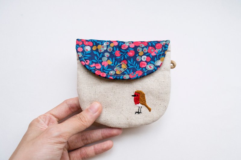 Robin Embroidered Liberty Print Wee Pouch - Coin Purses - Cotton & Hemp Multicolor