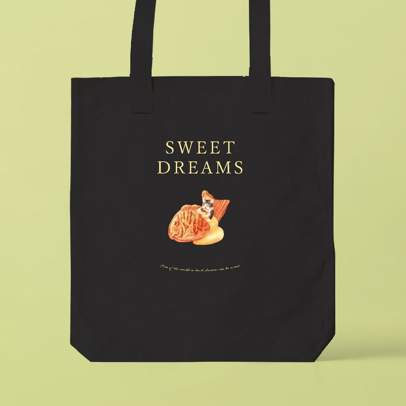 SWEET DREAMS_猫とたい焼き /A3サイズ対応のトートバッグ - トートバッグ・ハンドバッグ - コットン・麻 ホワイト