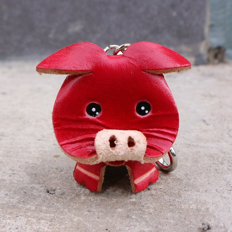 Big head healing series key ring / red pig / pig year good luck - Keychains - Genuine Leather Red