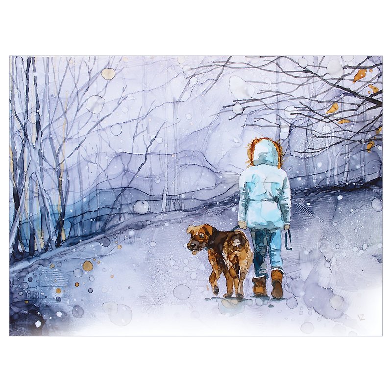 抽象的圖片一個帶著狗的女孩 帶著寵物散步 - 壁貼/牆壁裝飾 - 其他材質 藍色