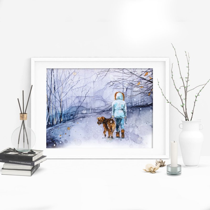 ペットと一緒に歩いている犬と女の子の抽象的な絵 - ウォールデコ・壁紙 - その他の素材 ブルー