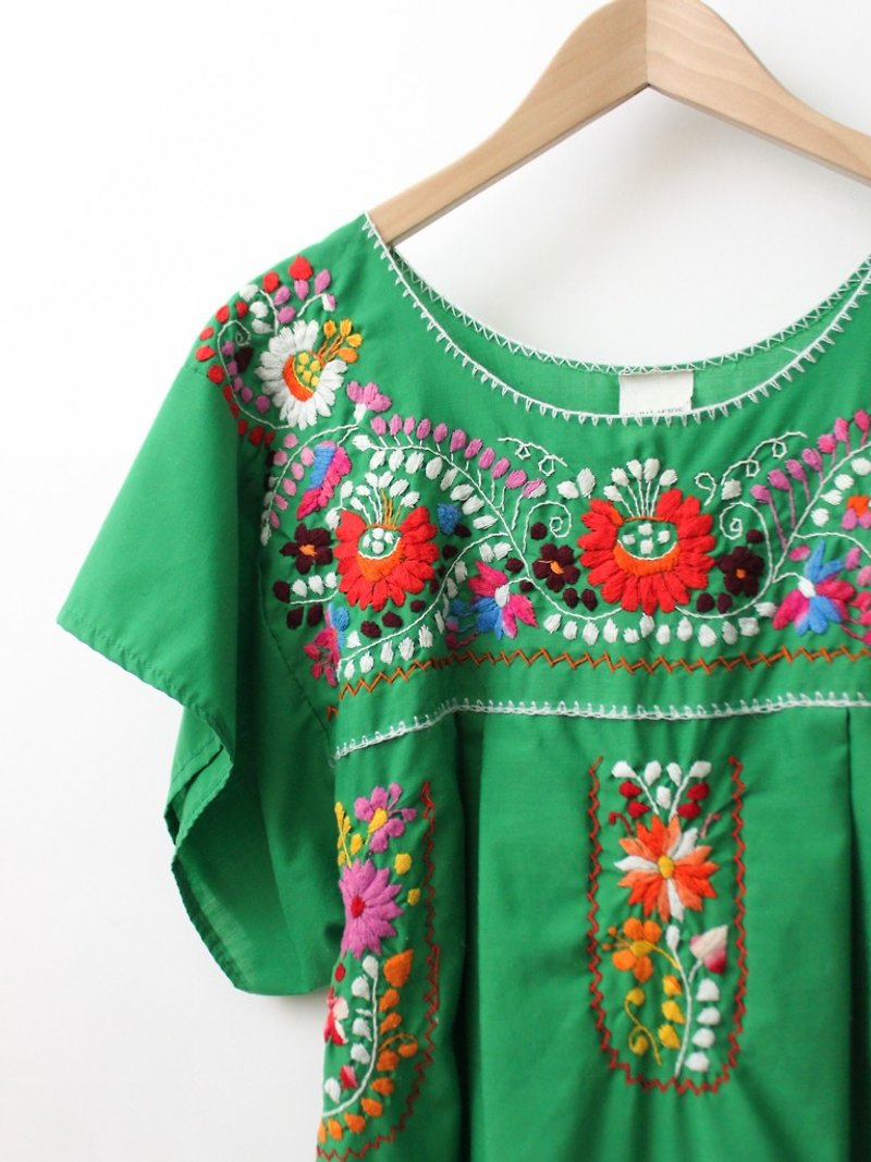 【RE0602MD051】 early summer green flowers hand embroidery American Mexican embroidery ancient dress mexican dress - One Piece Dresses - Cotton & Hemp Green