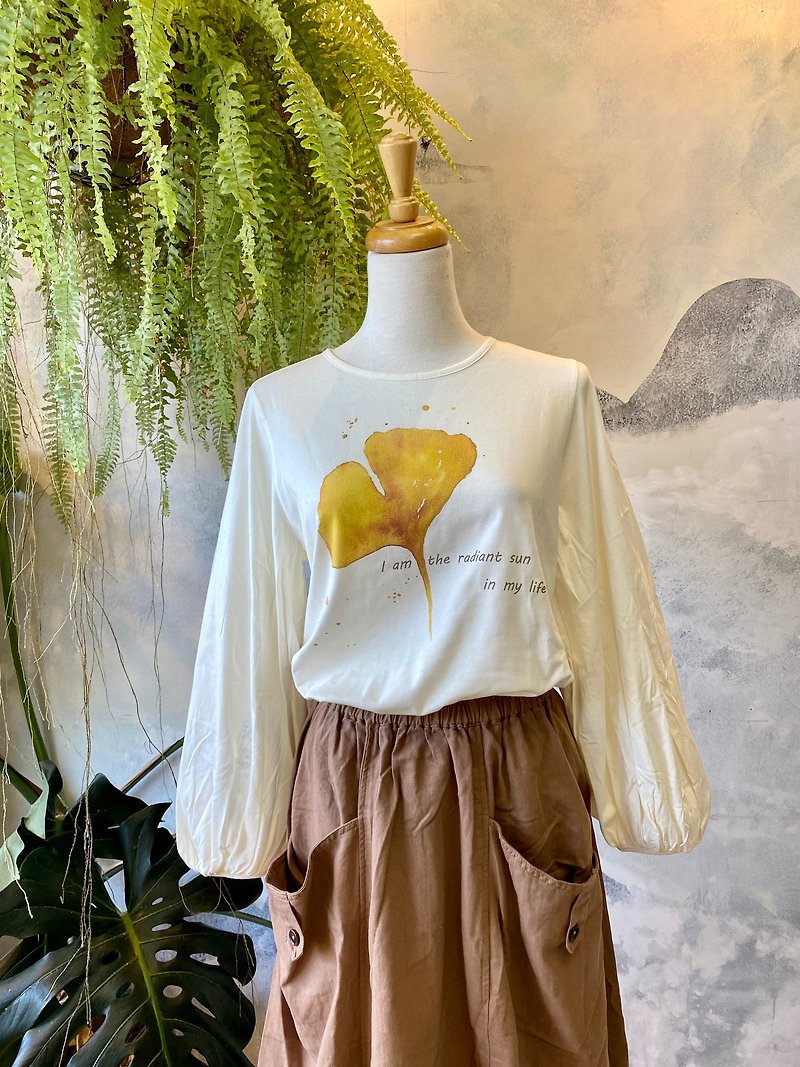 Ginkgo watercolor style 100% organic cotton round neck tie back top thin long sleeve top - Women's Tops - Cotton & Hemp White