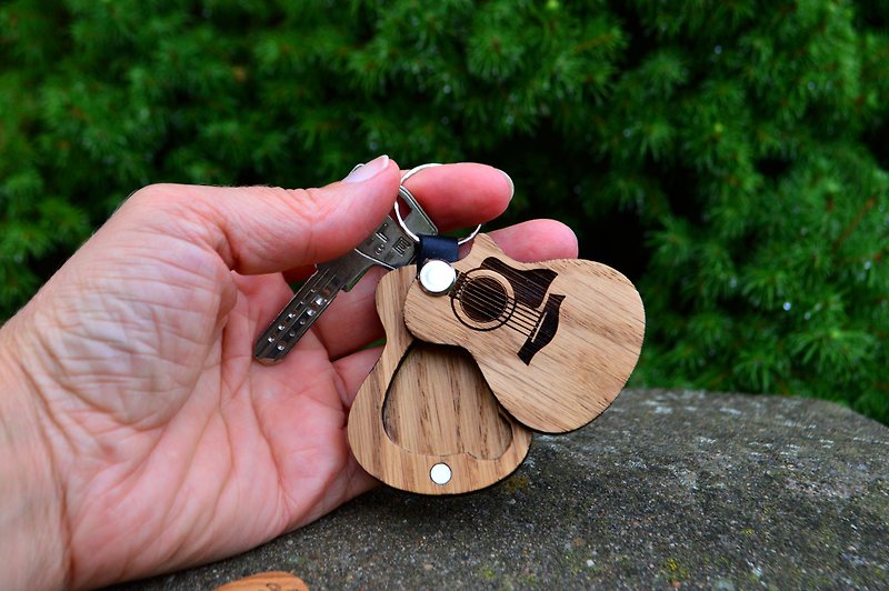 Guitar keychain for pick, wooden personalized acoustic guitar keychain with pick - Keychains - Wood Multicolor