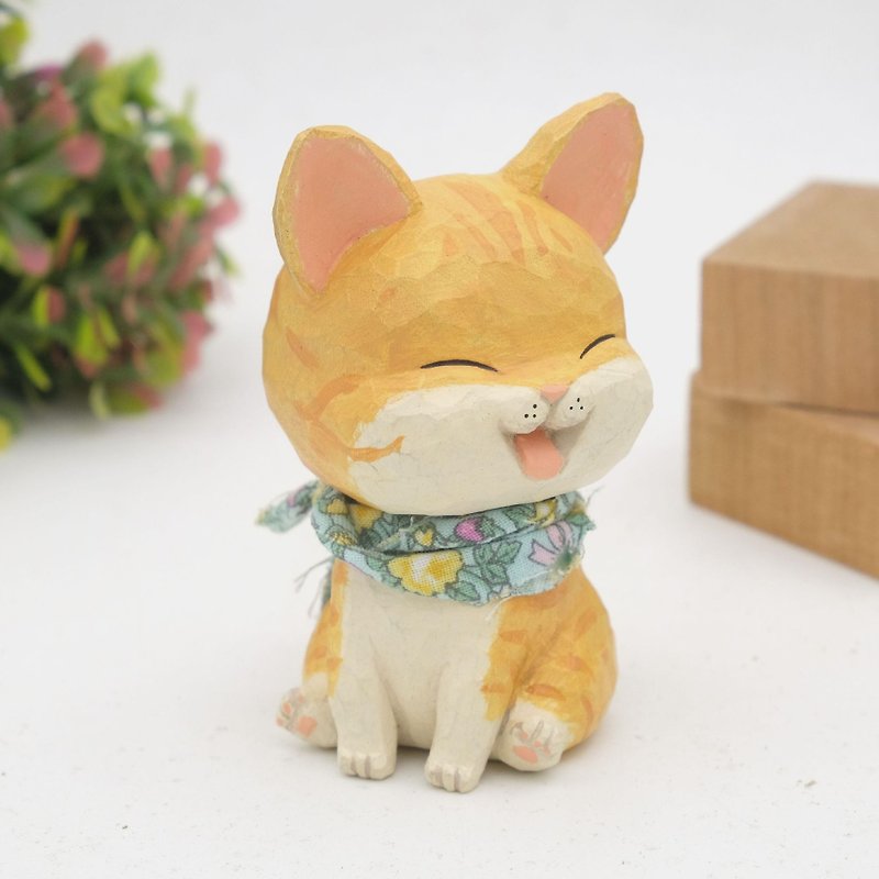 室内木彫り動物になりたい_座り姿勢オレンジトラ猫（木彫工芸品） - 人形・フィギュア - 木製 オレンジ