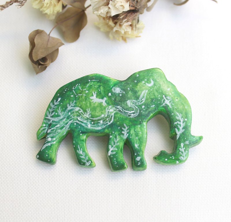 Emerald elephant brooch / forest system - Brooches - Clay Green