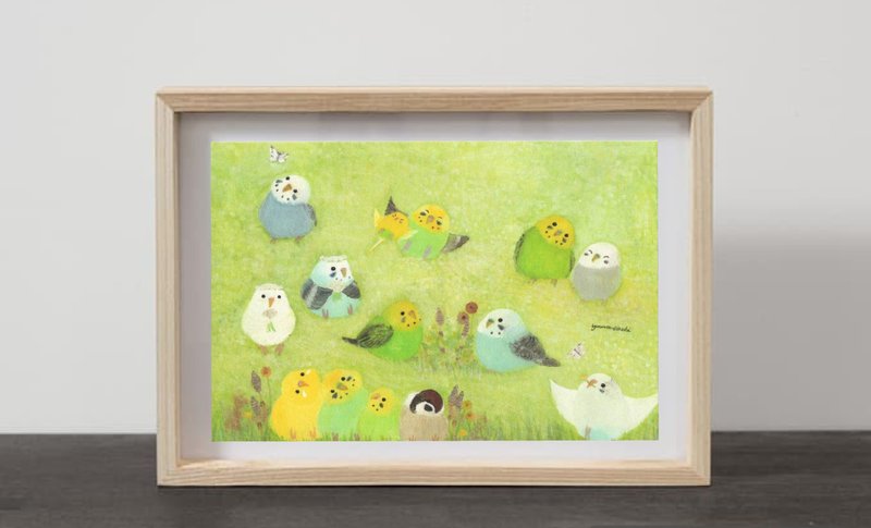 A4 野原でのんびり       花  自然 風景画  セキセイインコ スズメ 小鳥 鳥 野鳥 - 海報/掛畫/掛布 - 紙 綠色