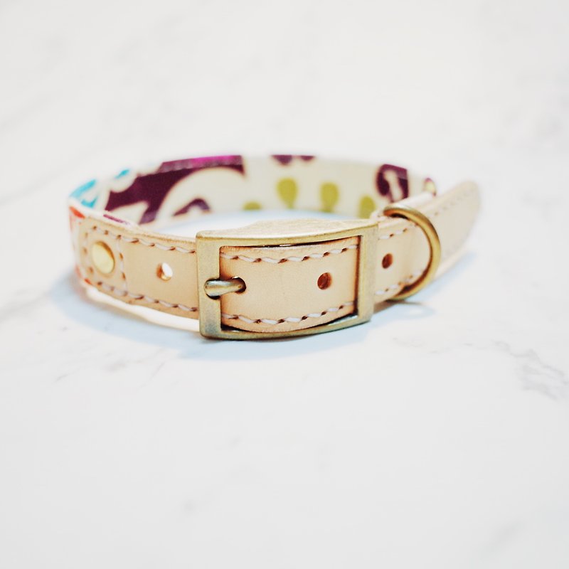 Dog M collar artist's flower purple pop style with bells and plant pu leather can add tag - ปลอกคอ - ผ้าฝ้าย/ผ้าลินิน 